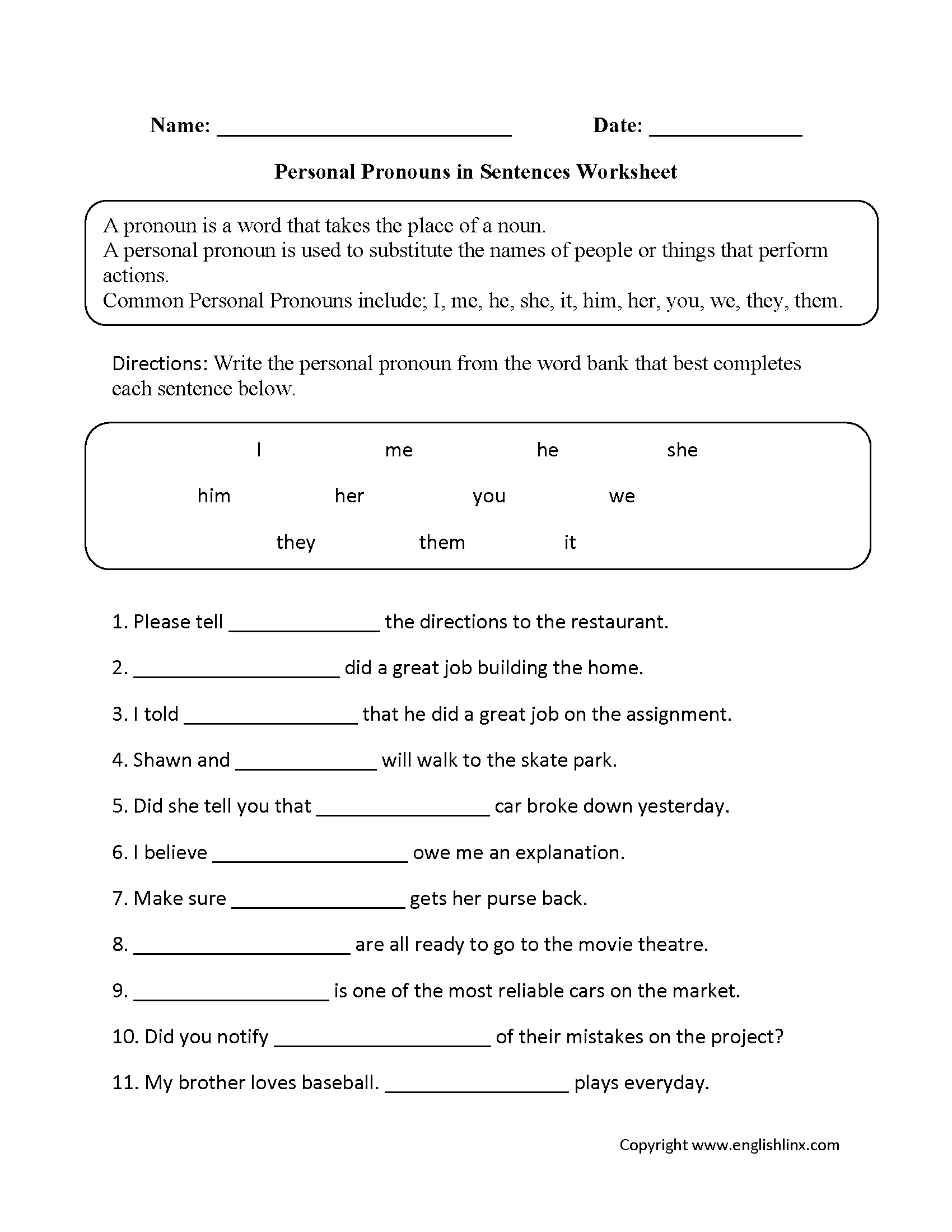 Examples Of Pronouns Worksheets For Grade 5