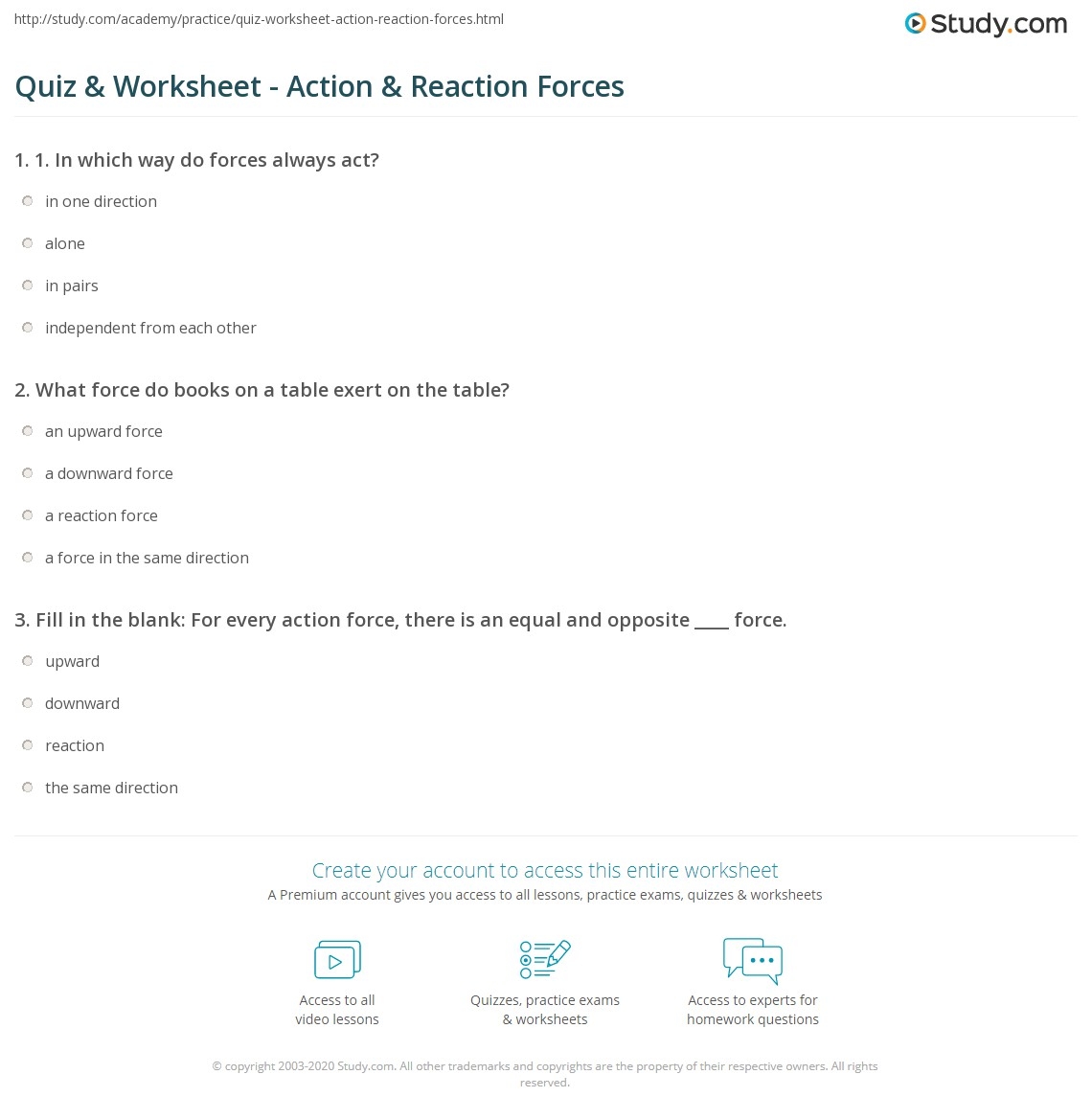 Quiz Worksheet Action Reaction Forces Study