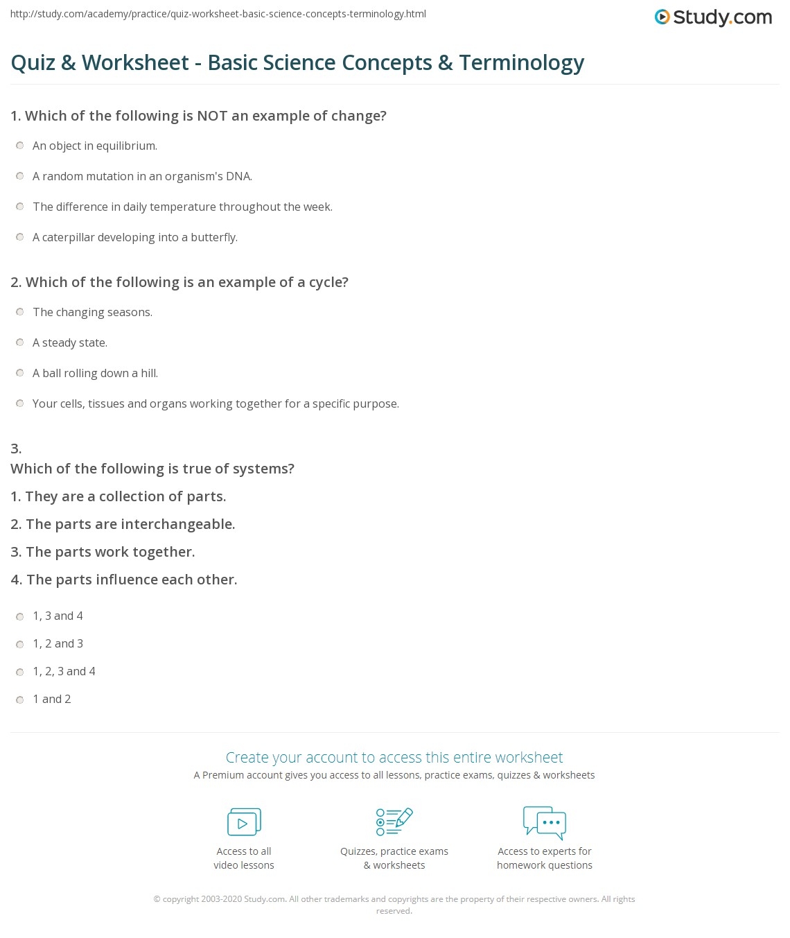 Quiz Worksheet Basic Science Concepts Terminology Study