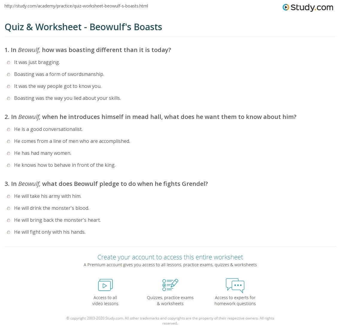 Quiz Worksheet Beowulf s Boasts Study Quiz Worksheet Beowulf s Boasts Study
