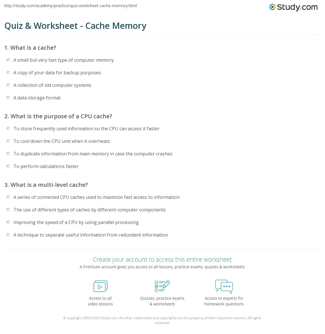 Quiz Worksheet Cache Memory Study