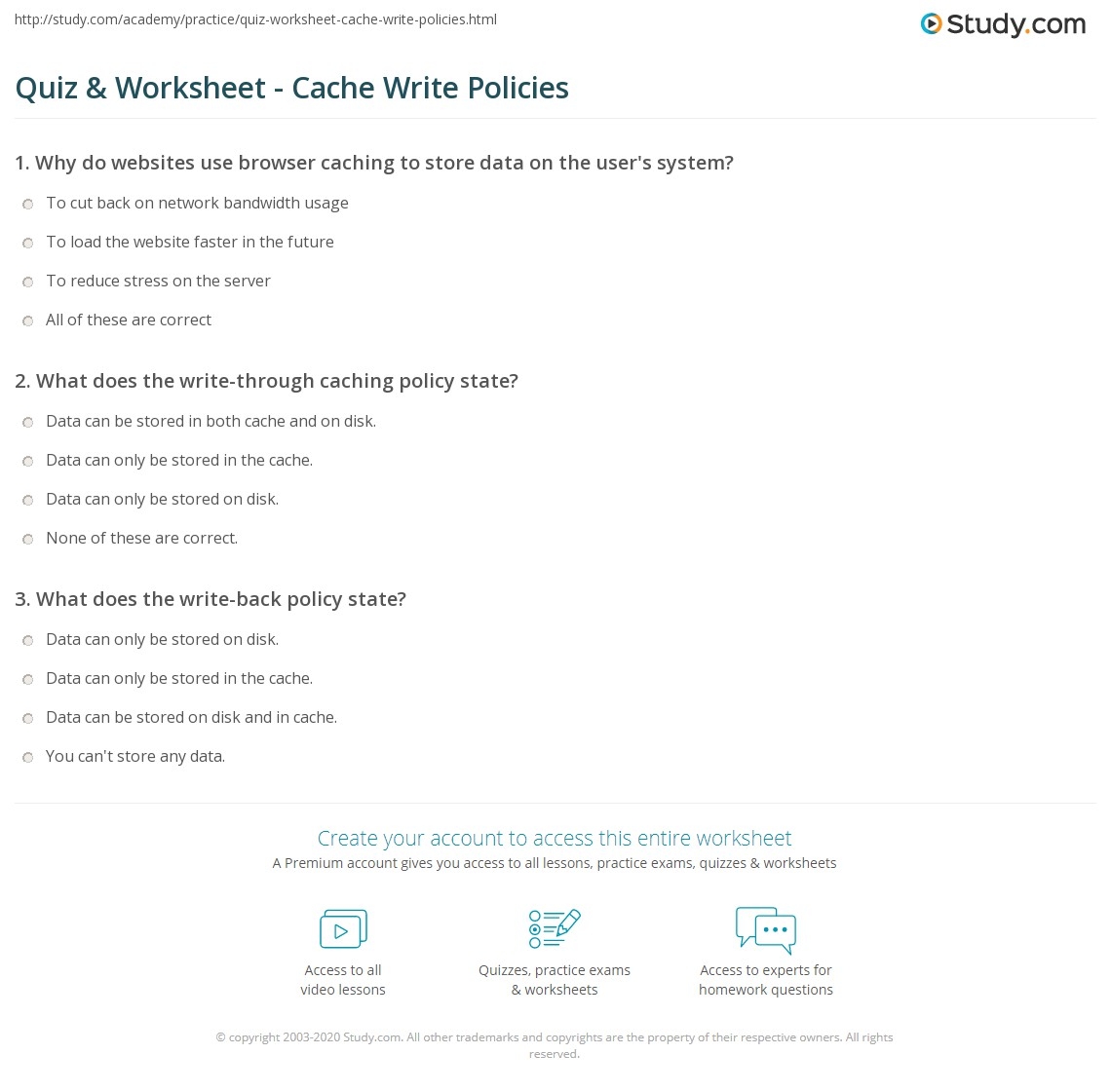 Quiz Worksheet Cache Write Policies Study