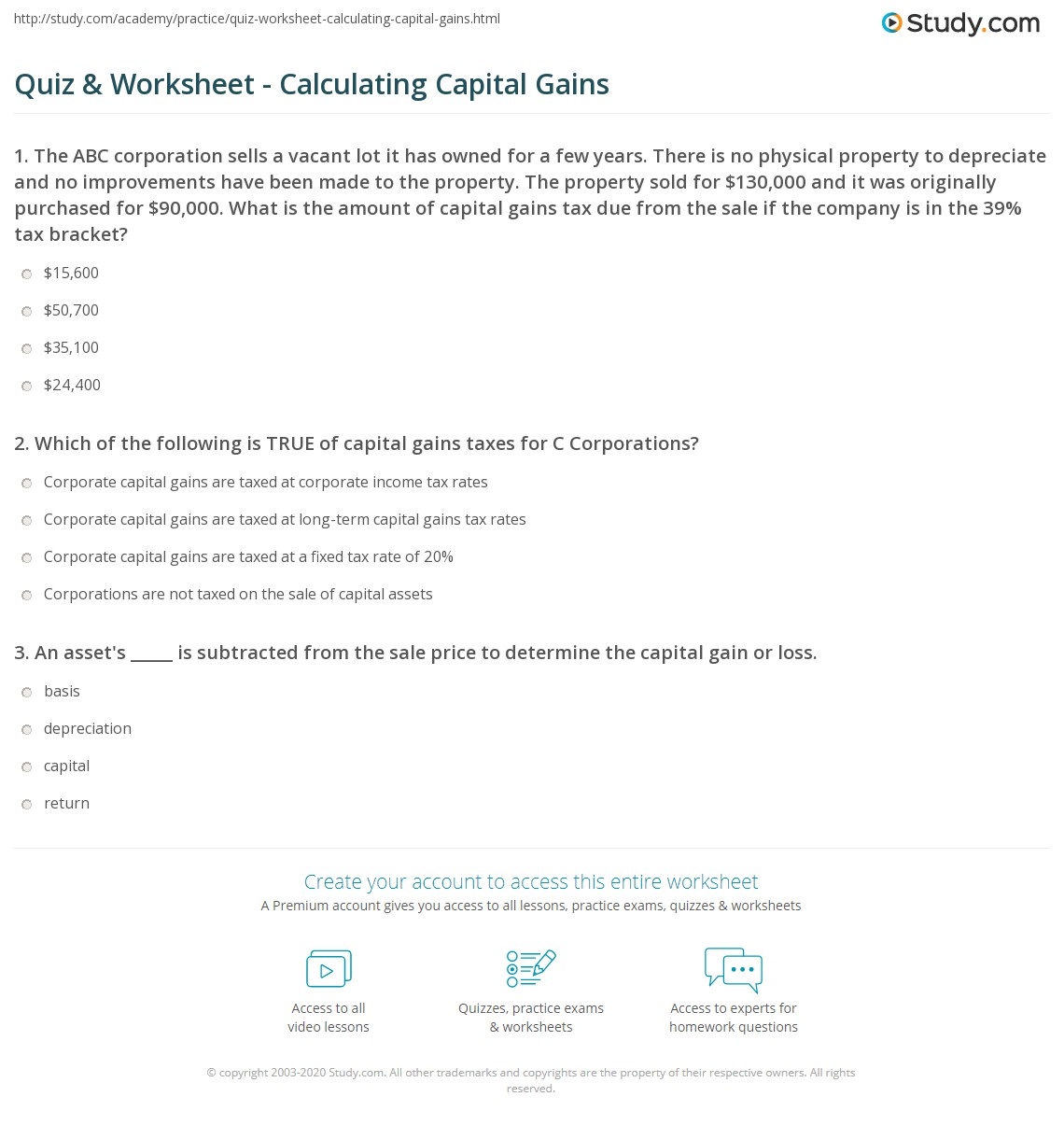 Capital Gains And Losses Worksheet Example