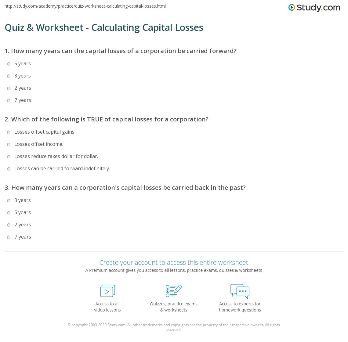 Quiz Worksheet Calculating Capital Losses Study