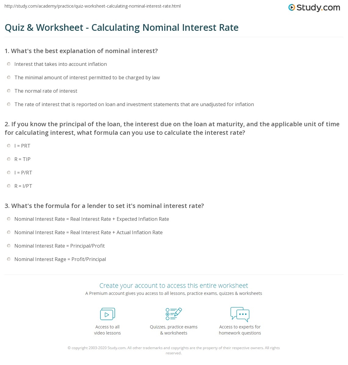 Quiz Worksheet Calculating Nominal Interest Rate Study