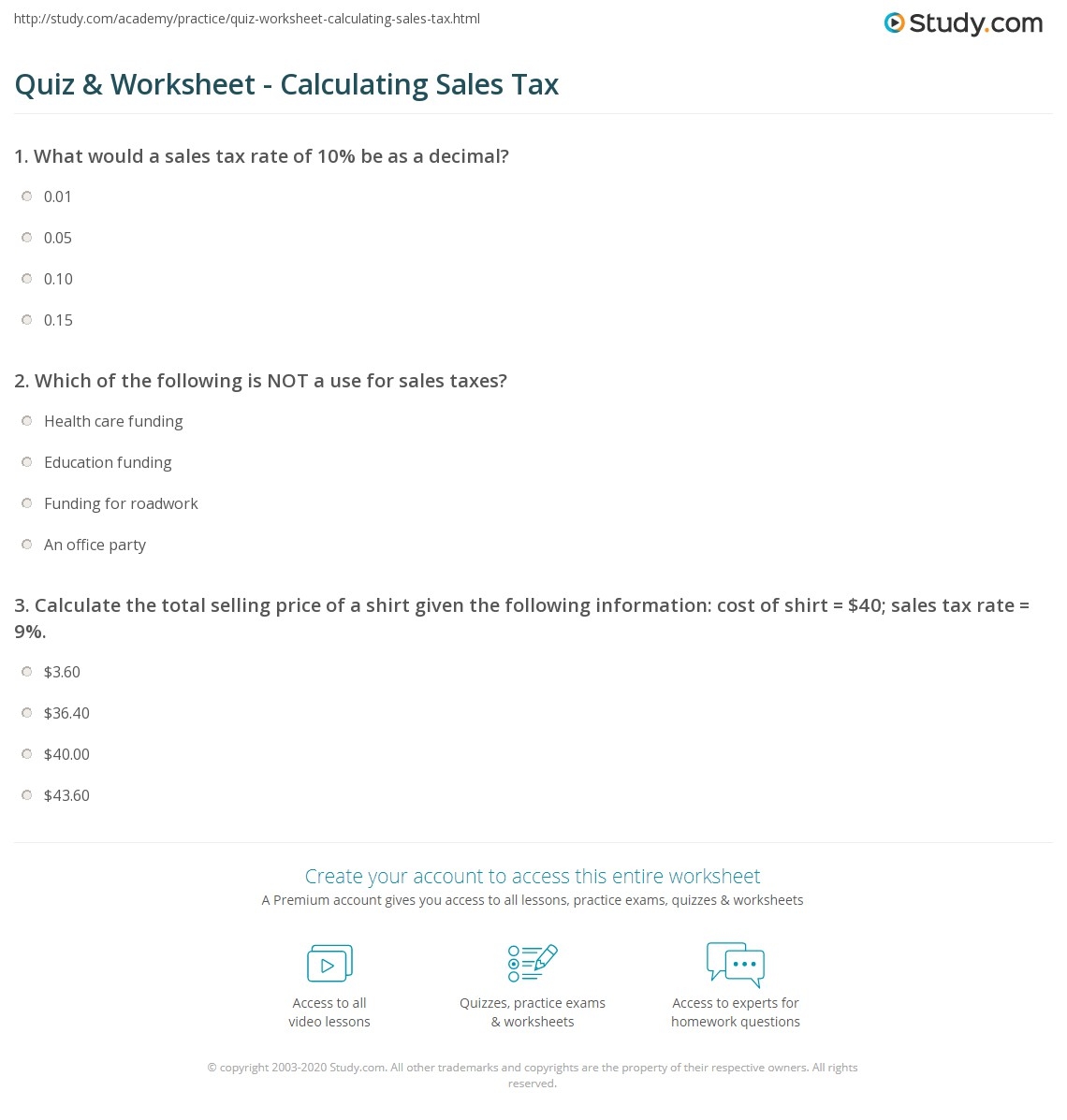 Quiz Worksheet Calculating Sales Tax Study Quiz Worksheet Calculating Sales Tax Study
