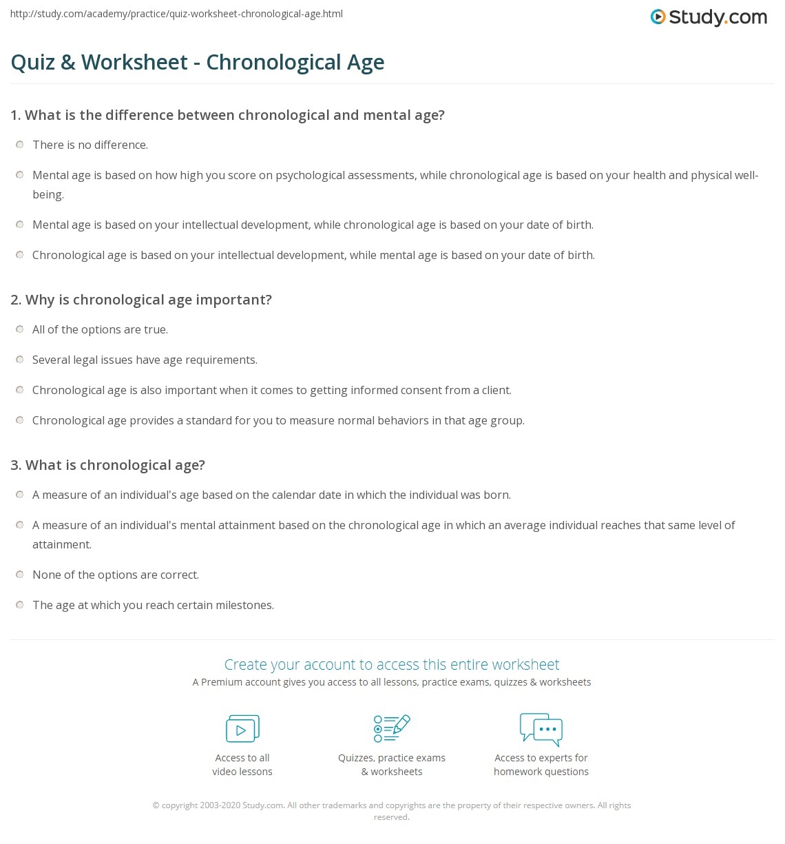 Quiz Worksheet Chronological Age Study