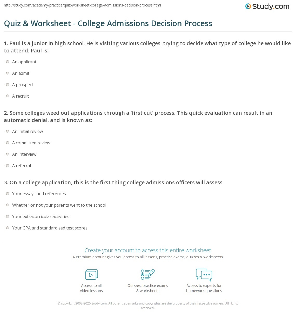 Quiz Worksheet College Admissions Decision Process Study