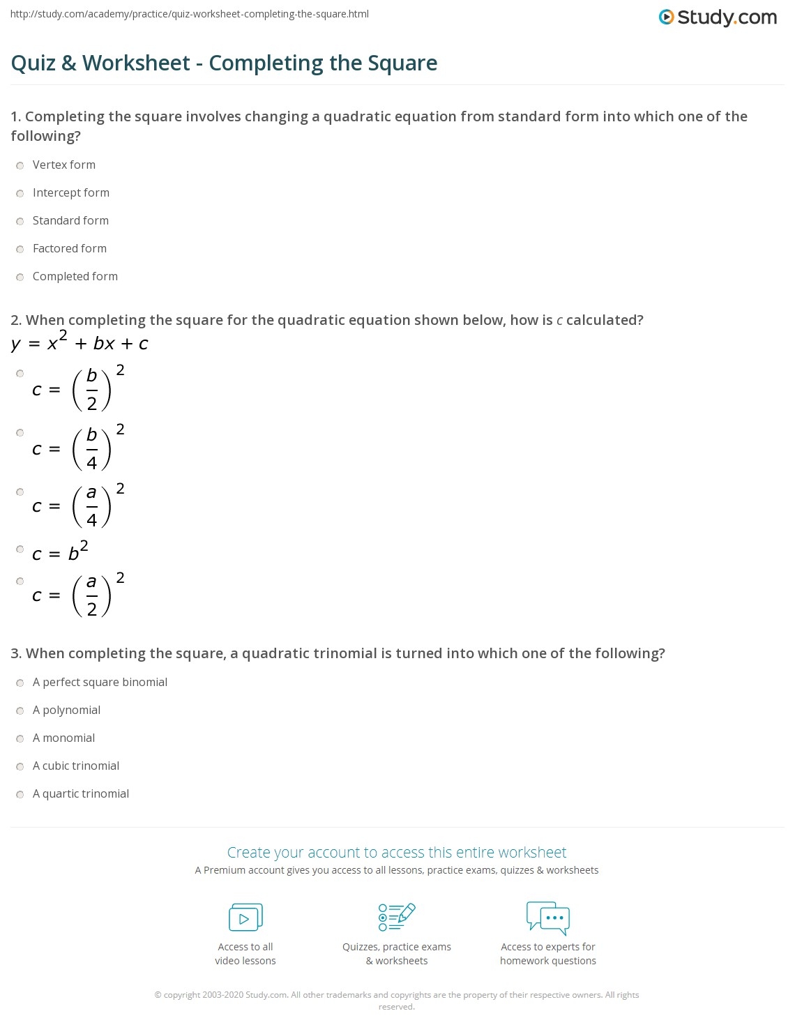 Completing The Square Examples Worksheet