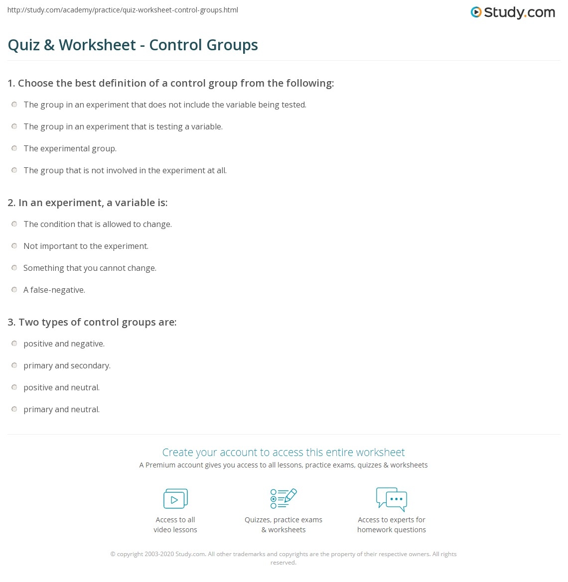 Quiz Worksheet Control Groups Study