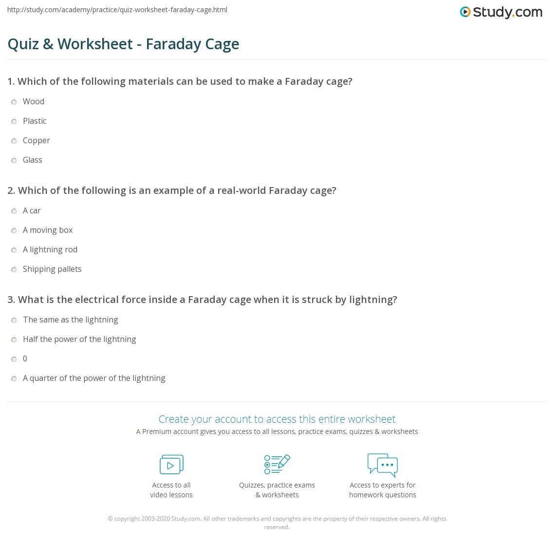 Quiz Worksheet Faraday Cage Study