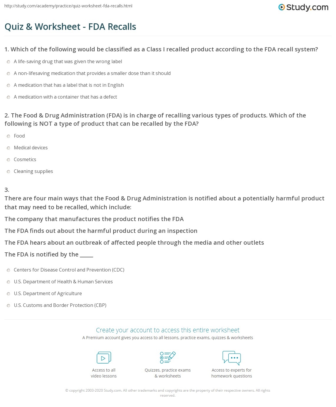 Quiz Worksheet FDA Recalls Study