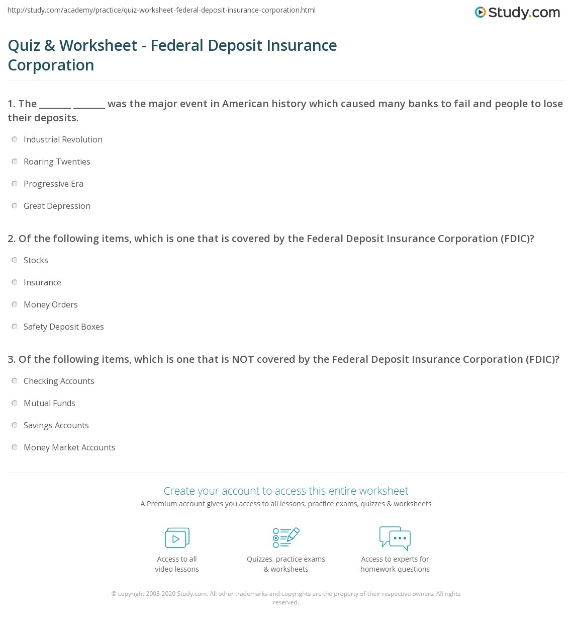 Quiz Worksheet Federal Deposit Insurance Corporation Study