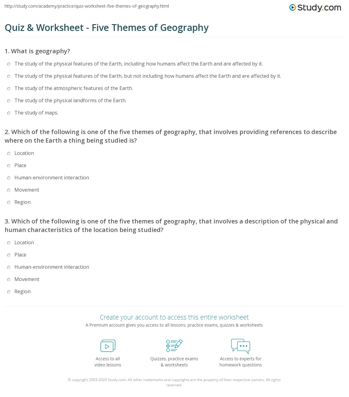 Quiz Worksheet Five Themes Of Geography Study