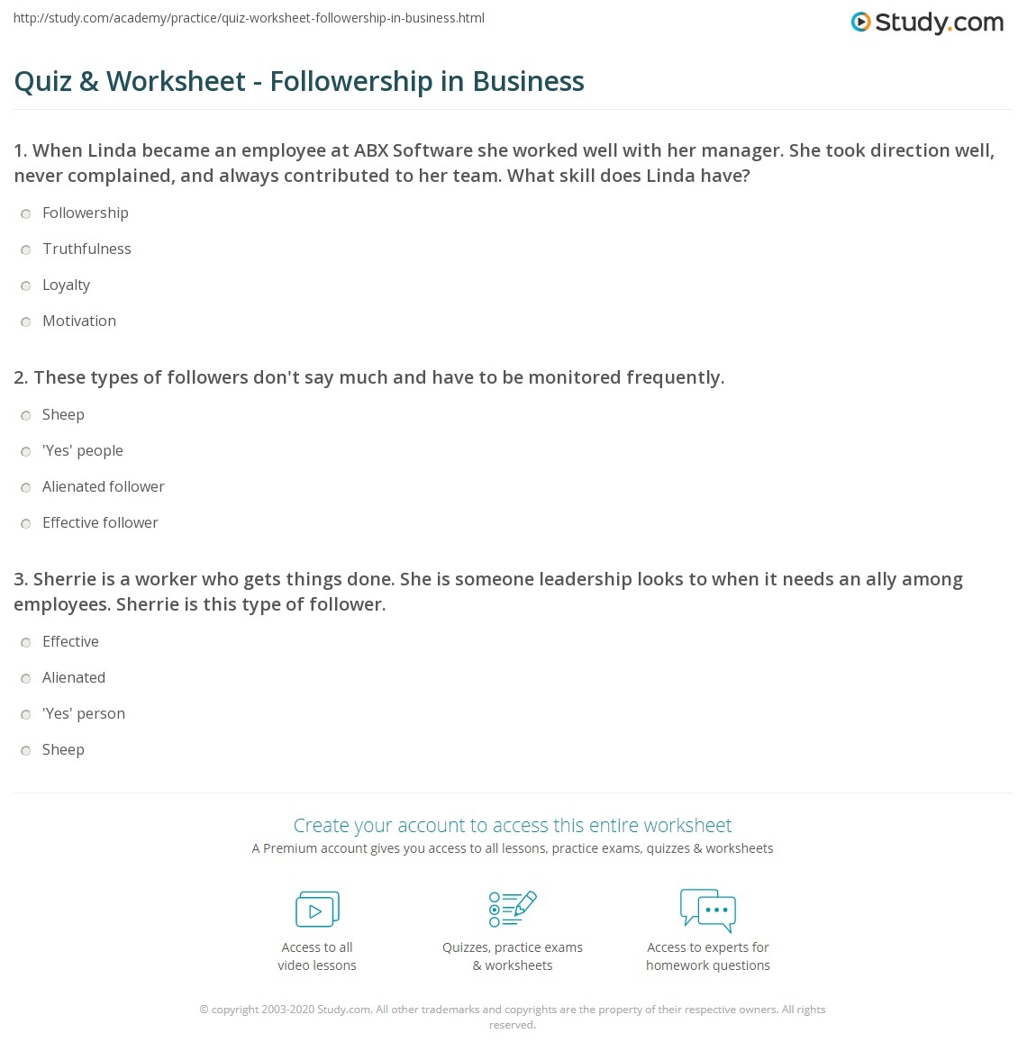 Quiz Worksheet Followership In Business Study