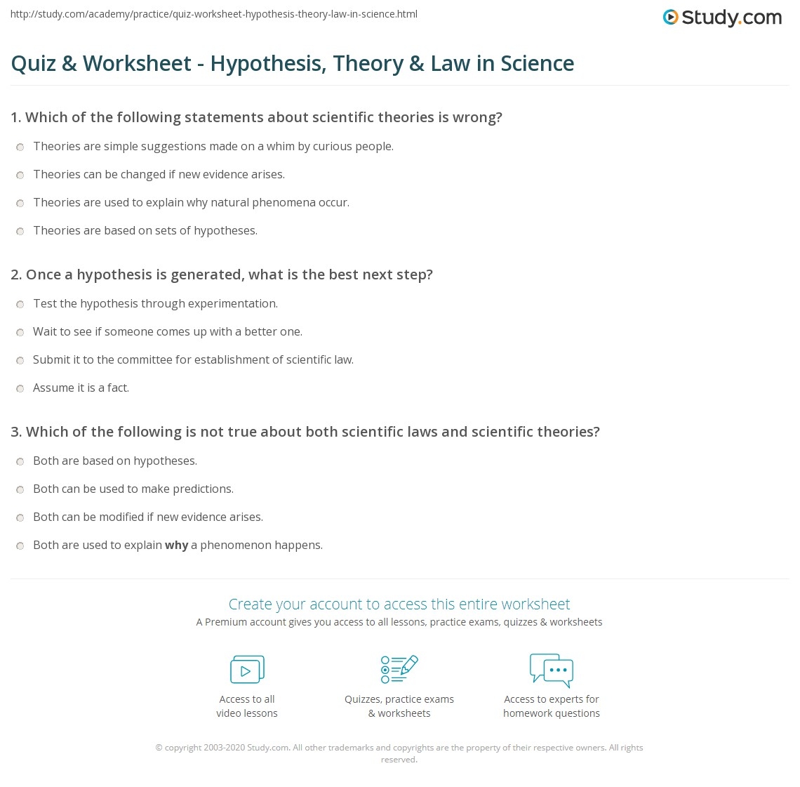 Quiz Worksheet Hypothesis Theory Law In Science Study
