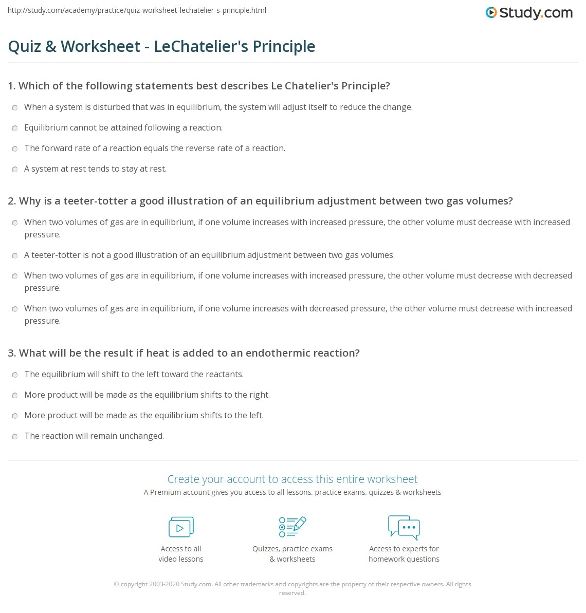 Quiz Worksheet LeChatelier s Principle Study