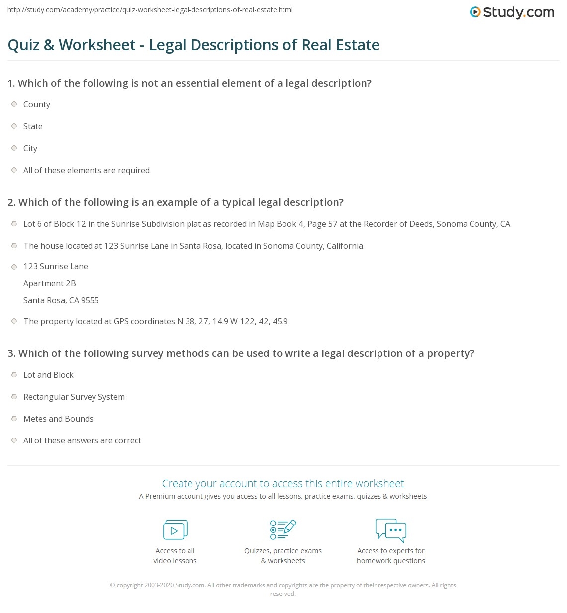 Quiz Worksheet Legal Descriptions Of Real Estate Study