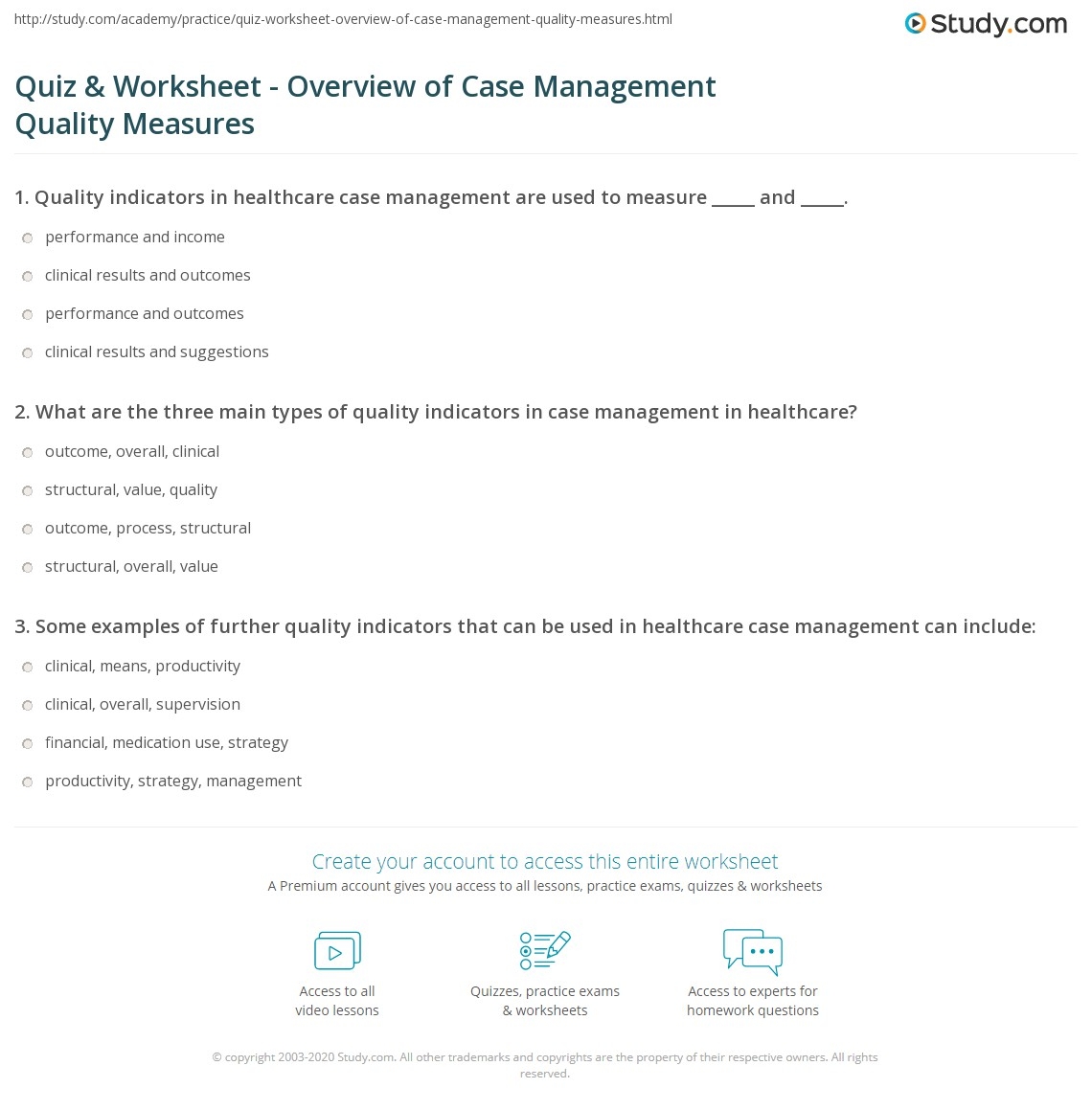 Quiz Worksheet Overview Of Case Management Quality Measures Study