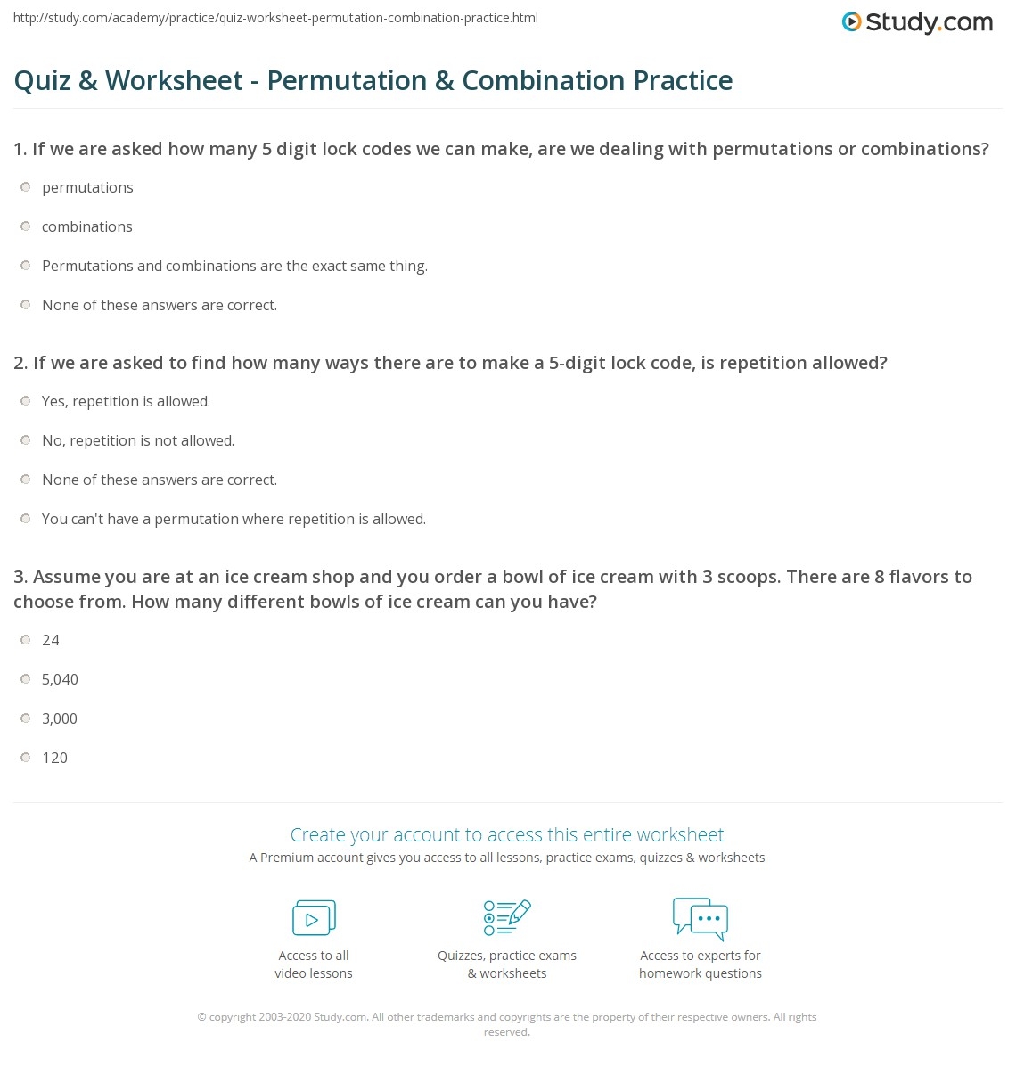 Examples Of Permutations And Combinations Worksheet