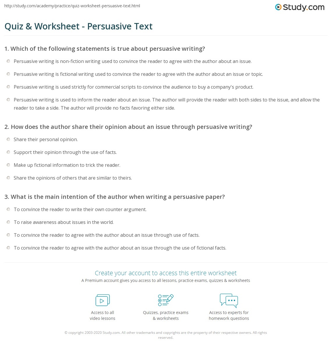Persuasive Essay Examples Worksheet Answers