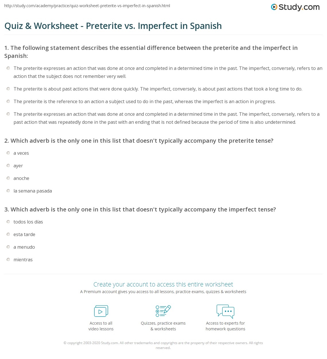 Quiz Worksheet Preterite Vs Imperfect In Spanish Study