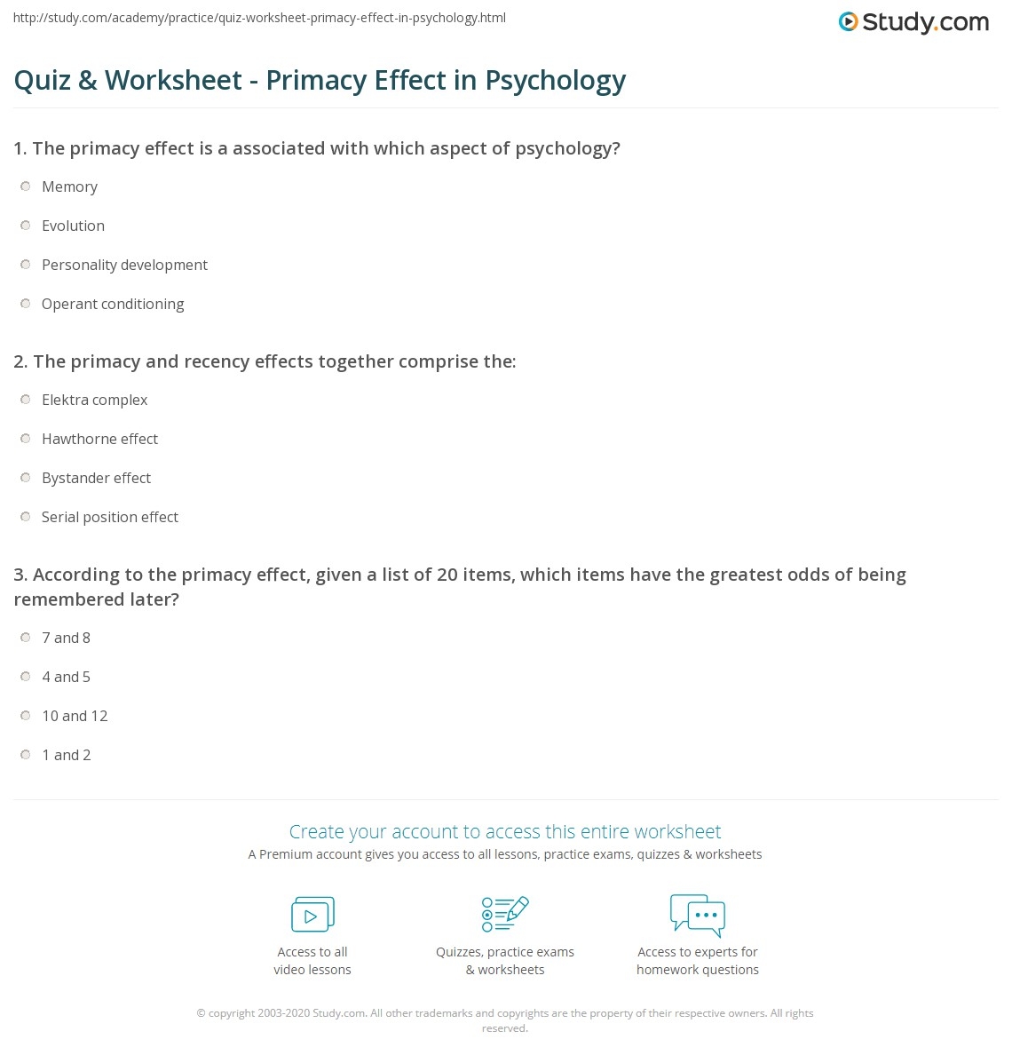 Quiz Worksheet Primacy Effect In Psychology Study