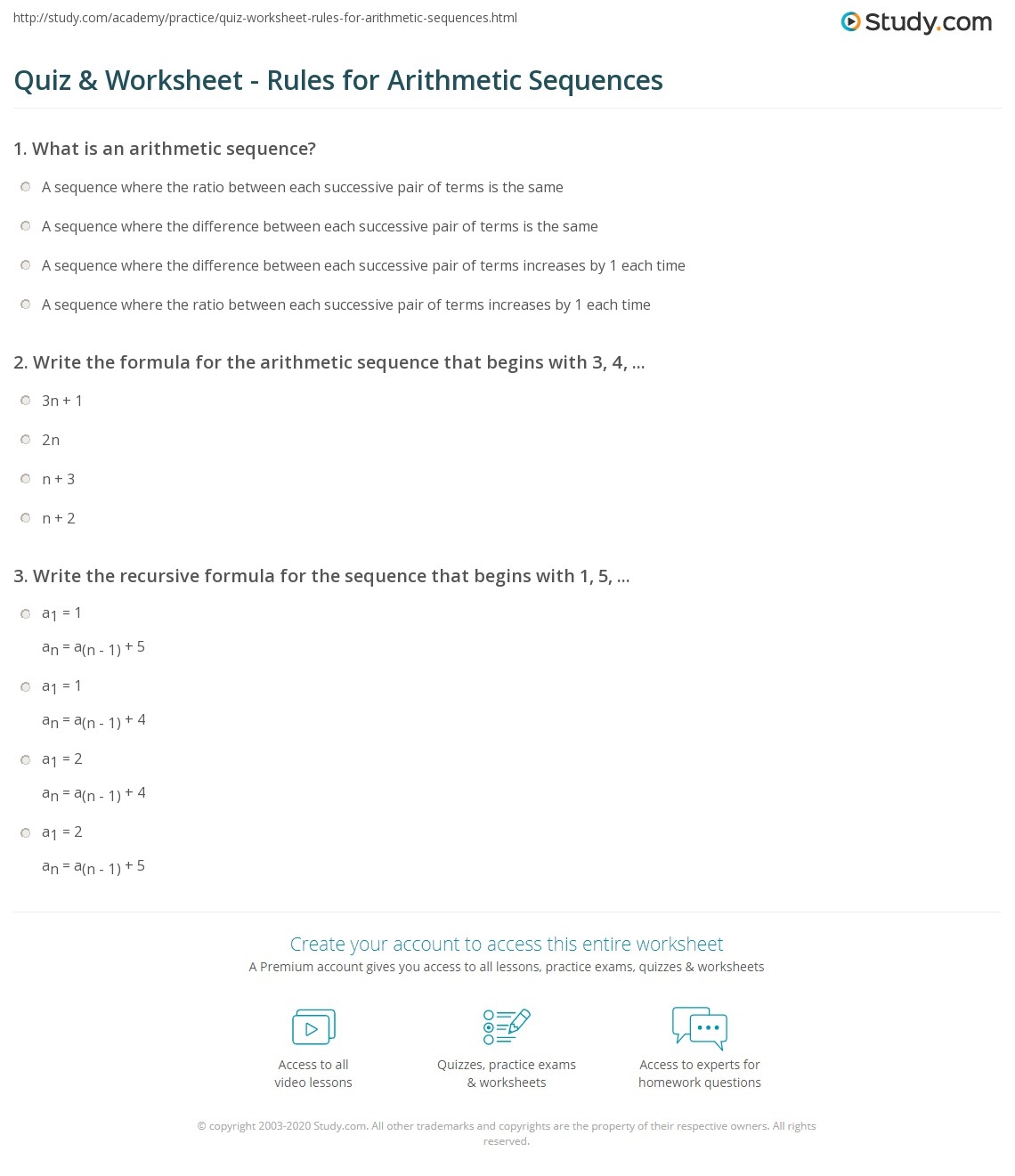Arithmetic Sequence Examples Worksheet Formula