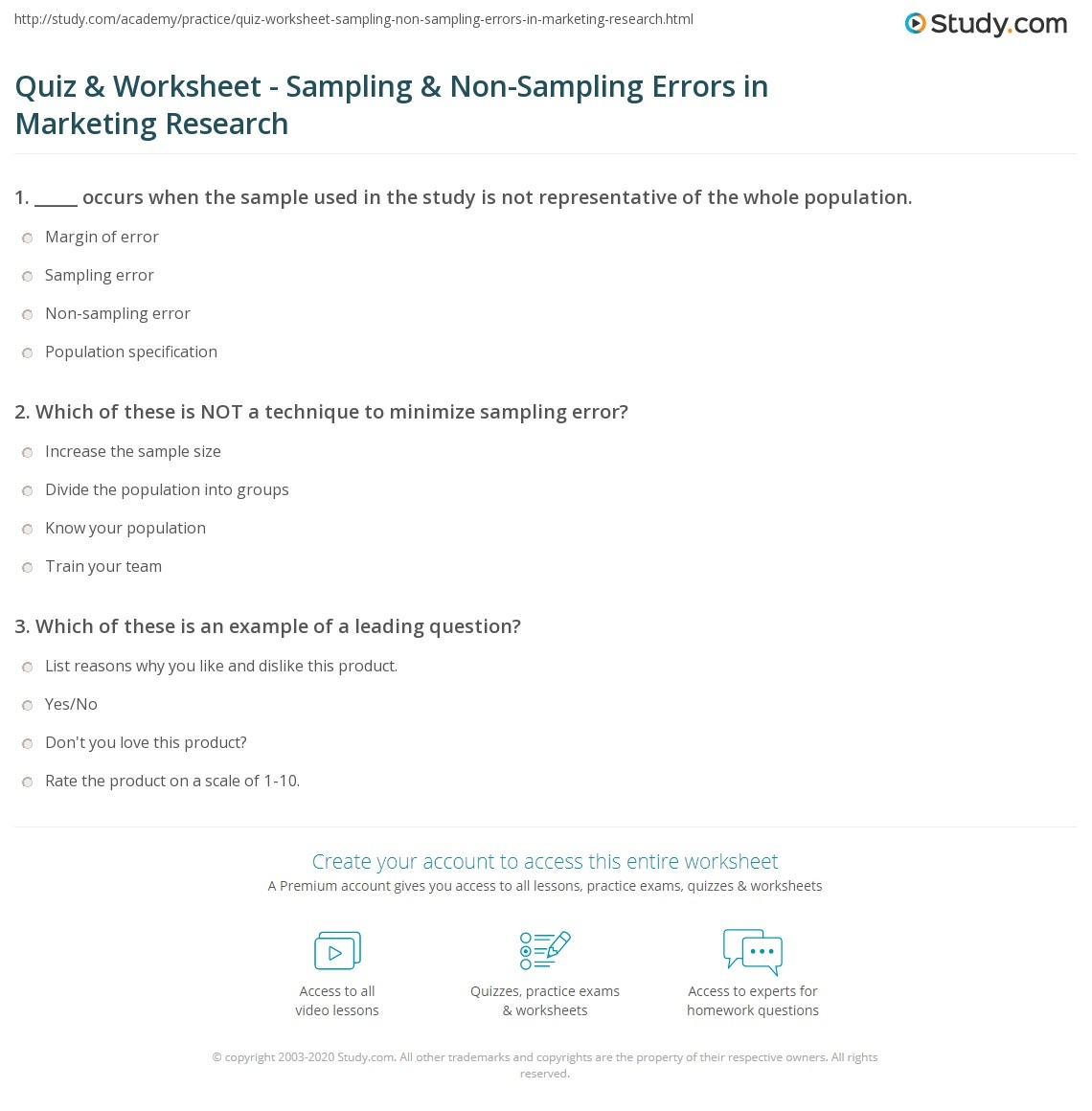 Quiz Worksheet Sampling Non Sampling Errors In Marketing Research Study