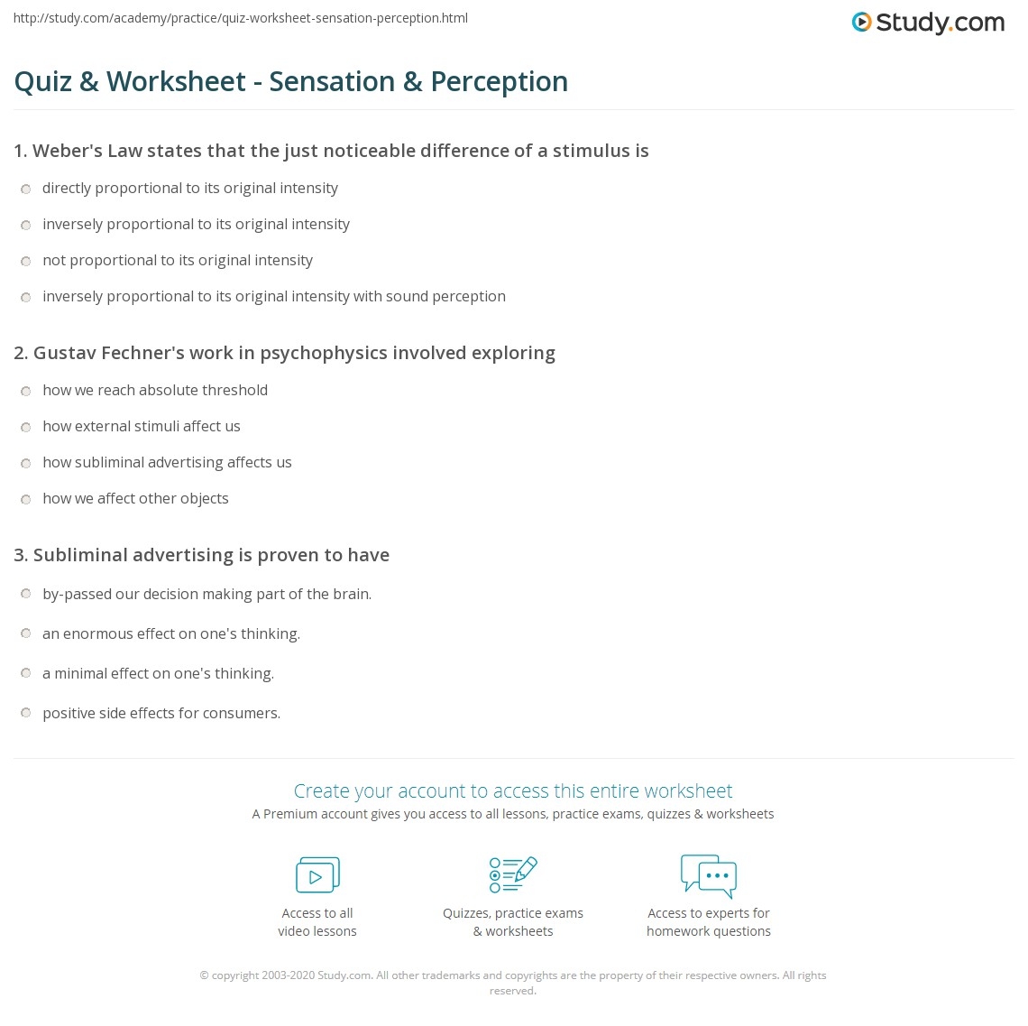 Quiz Worksheet Sensation Perception Study