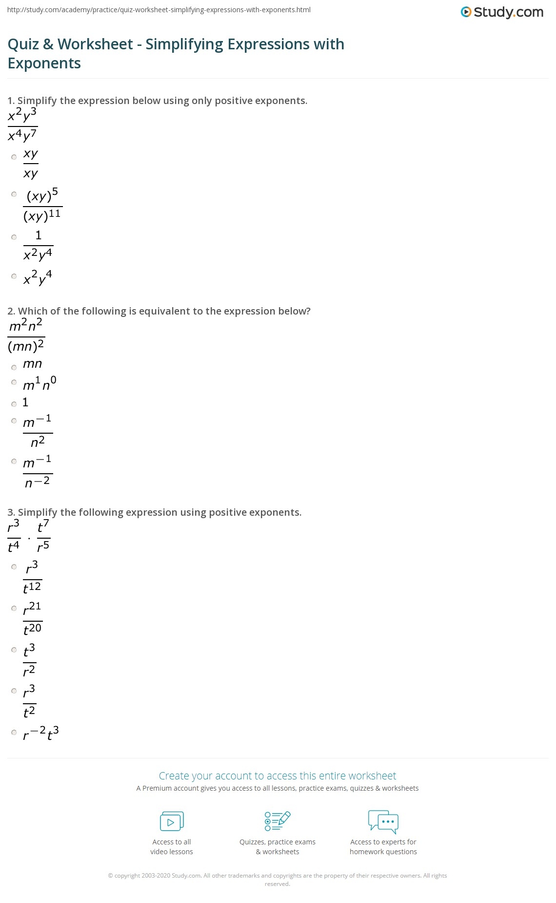 Quiz Worksheet Simplifying Expressions With Exponents Study