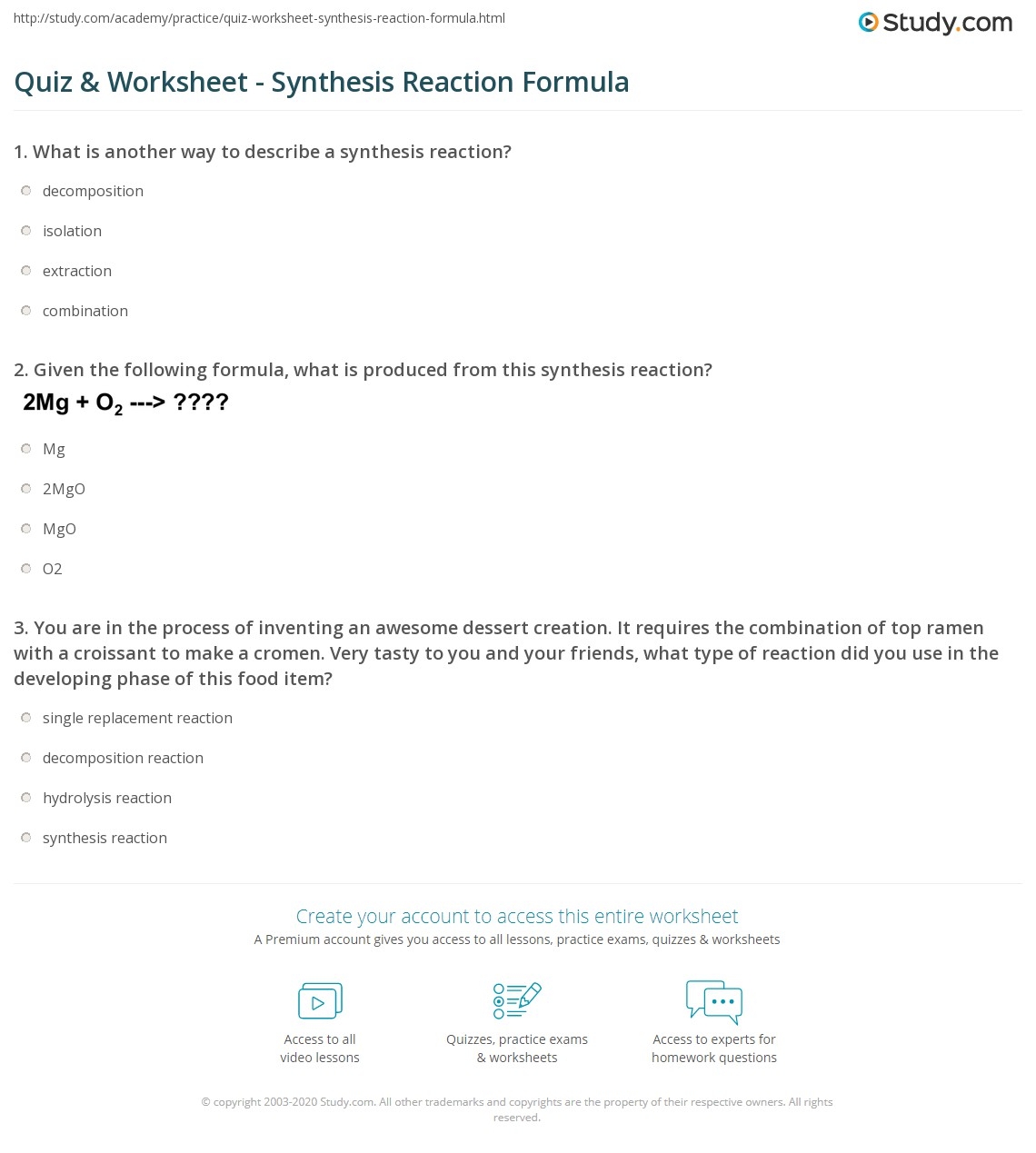 Quiz Worksheet Synthesis Reaction Formula Study