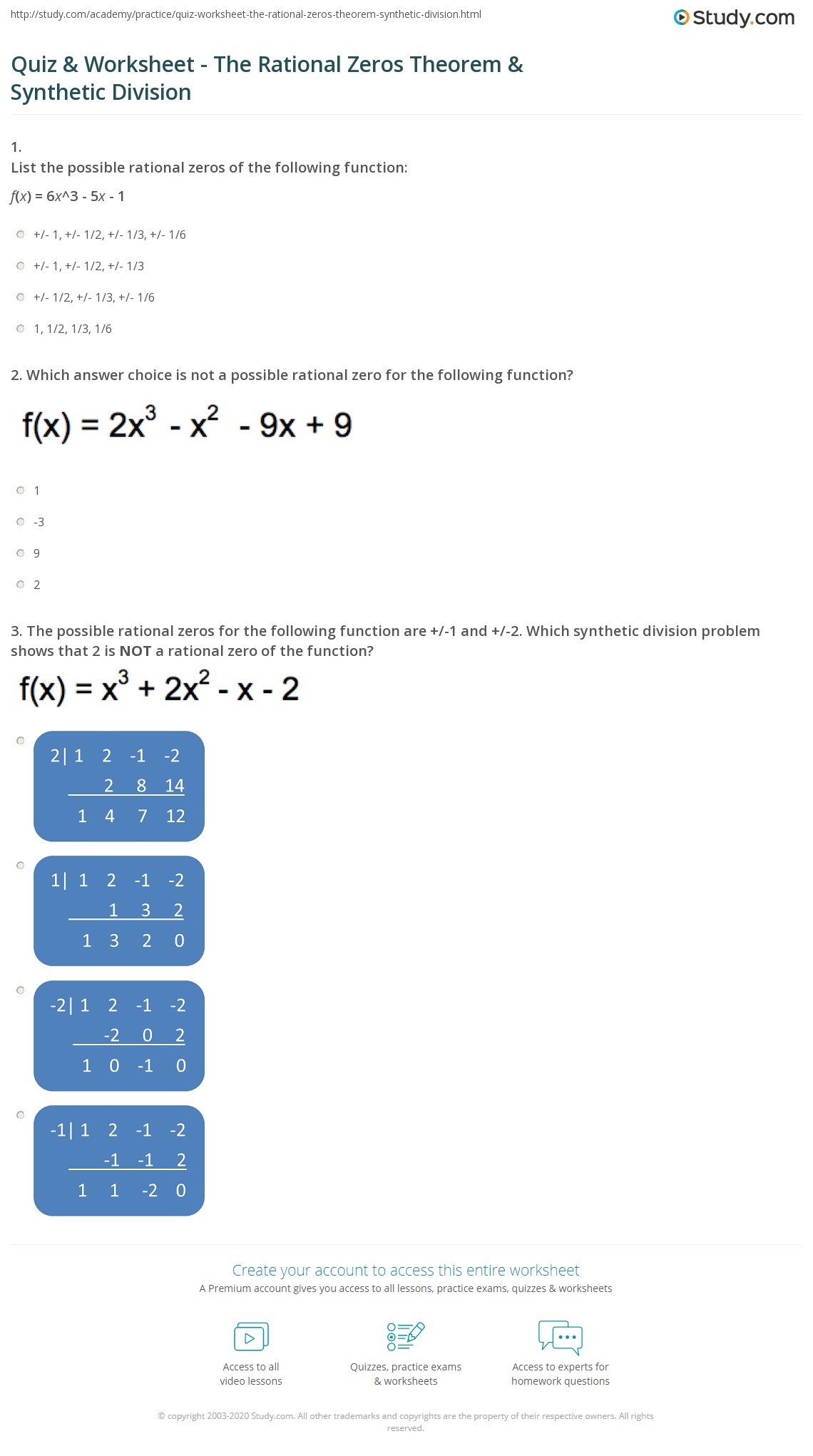 Quiz Worksheet The Rational Zeros Theorem Synthetic Division Study