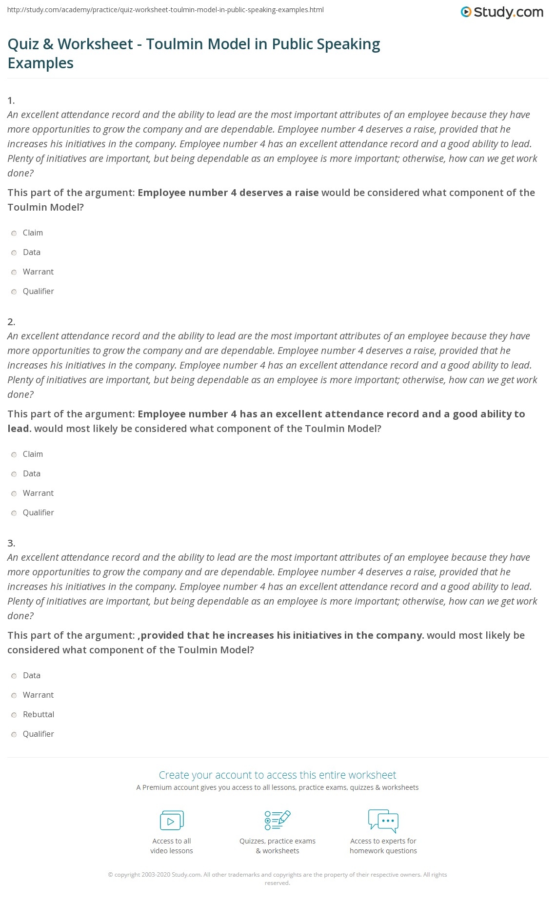 Quiz Worksheet Toulmin Model In Public Speaking Examples Study