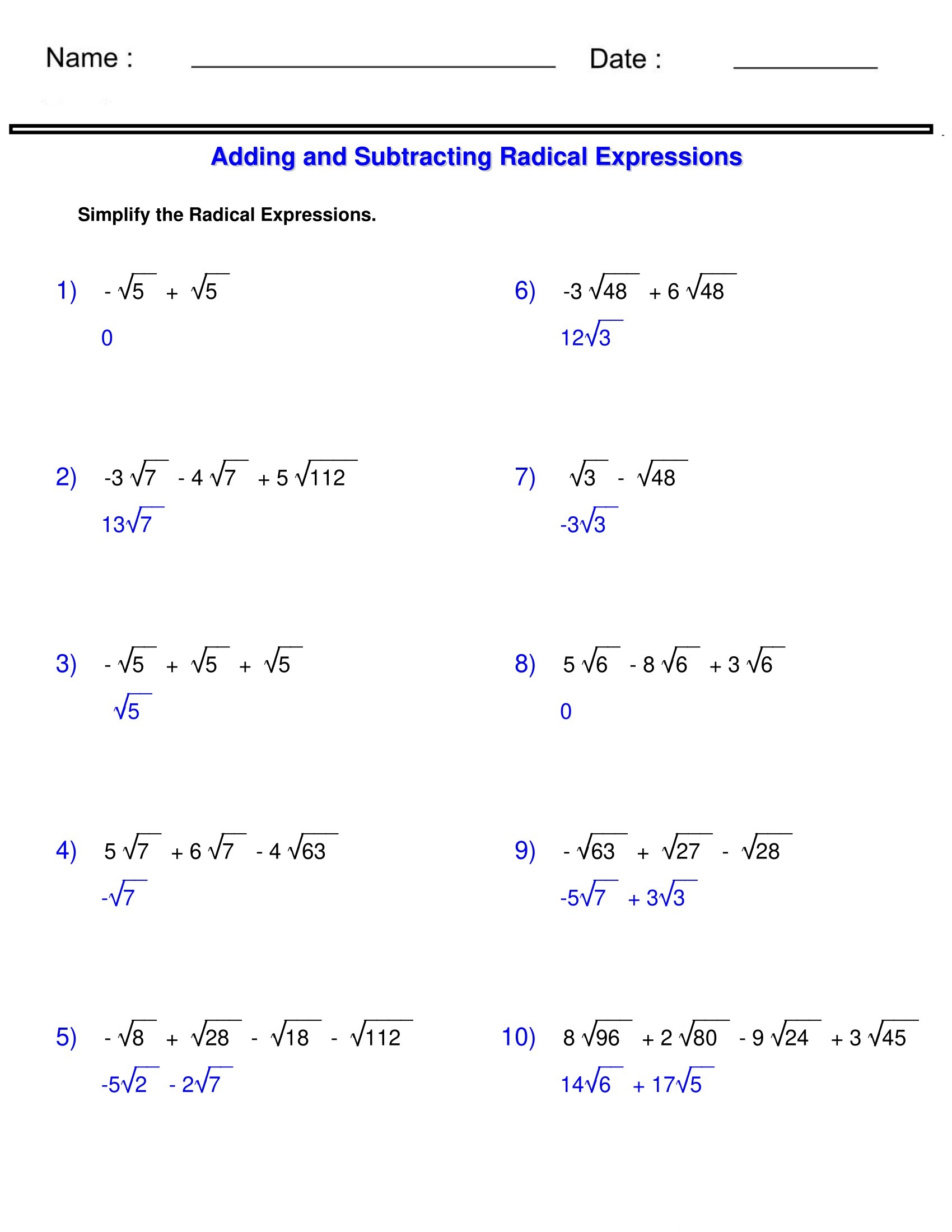 Radicals Worksheets Adding And Subtracting Radical Expressions Made By Teachers