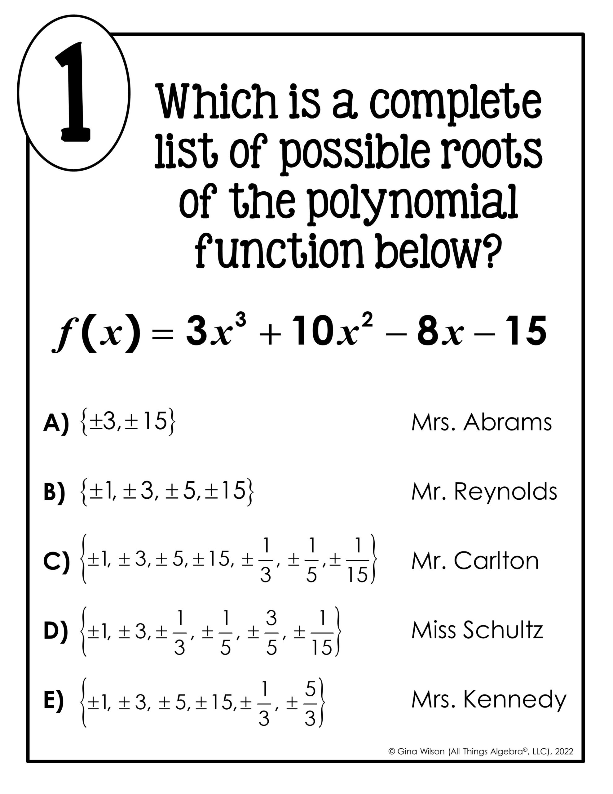 Rational Zero Root Theorem Math Lib Activity All Things Algebra 