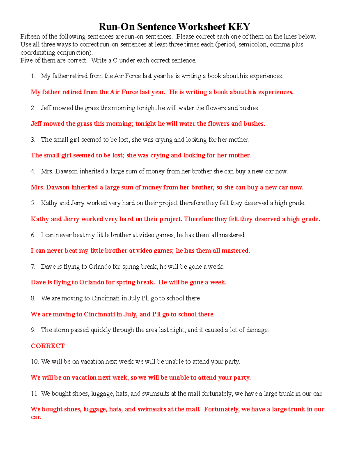 Run On Sentence Practice Key Run On Sentence Worksheet KEY Fifteen Of The Following Sentences Are Studocu