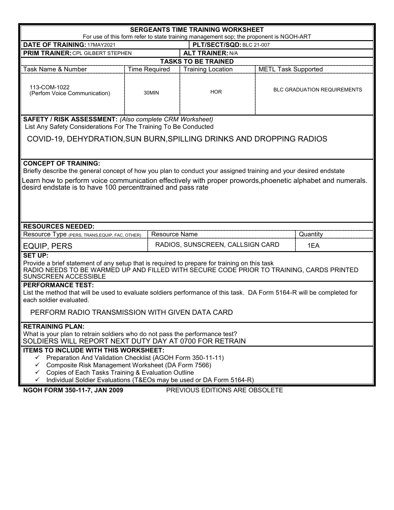 Sergeants Time Training Worksheet Voice Communication