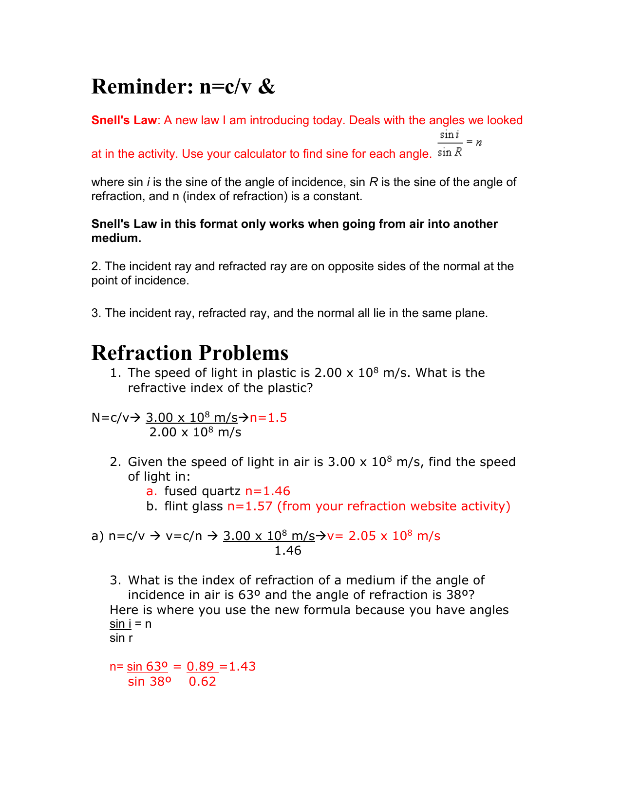 Snell s Law And Refraction Problems Worksheet