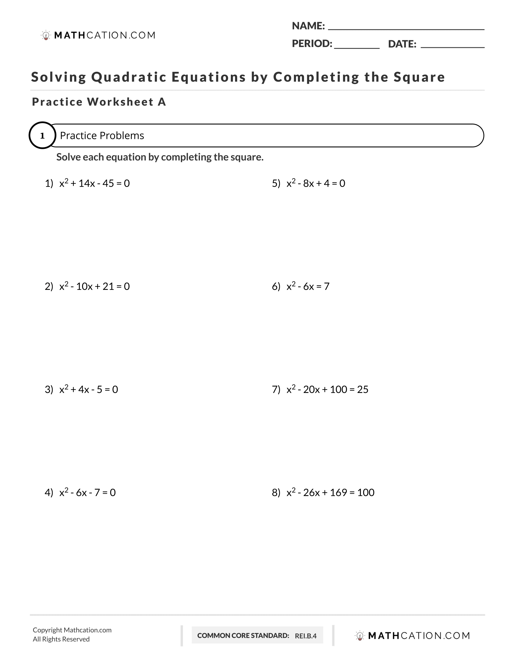 Solving Quadratic Equations By Completing The Square Worksheet Formula And Examples