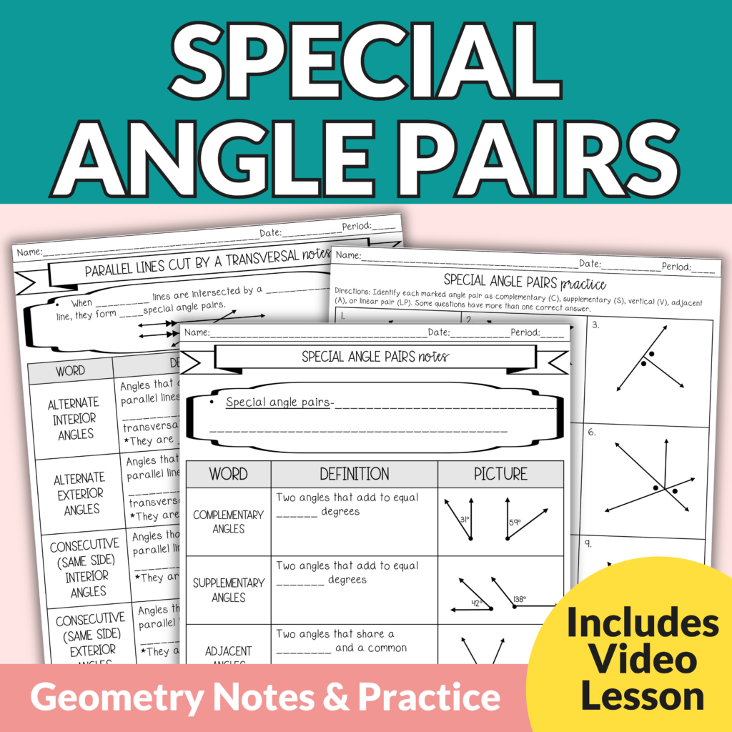 Special Angle Pairs Notes And Worksheets For 9th 11th Grade Geometry Lindsay Bowden