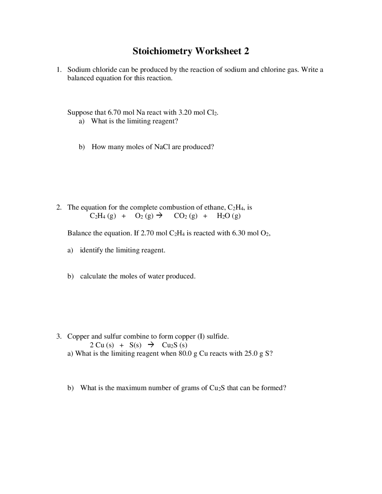 More Stoichiometry Example Problems Worksheet