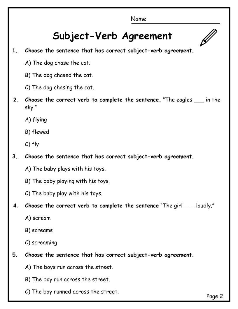 Examples Of Subject Verb Agreement Worksheets