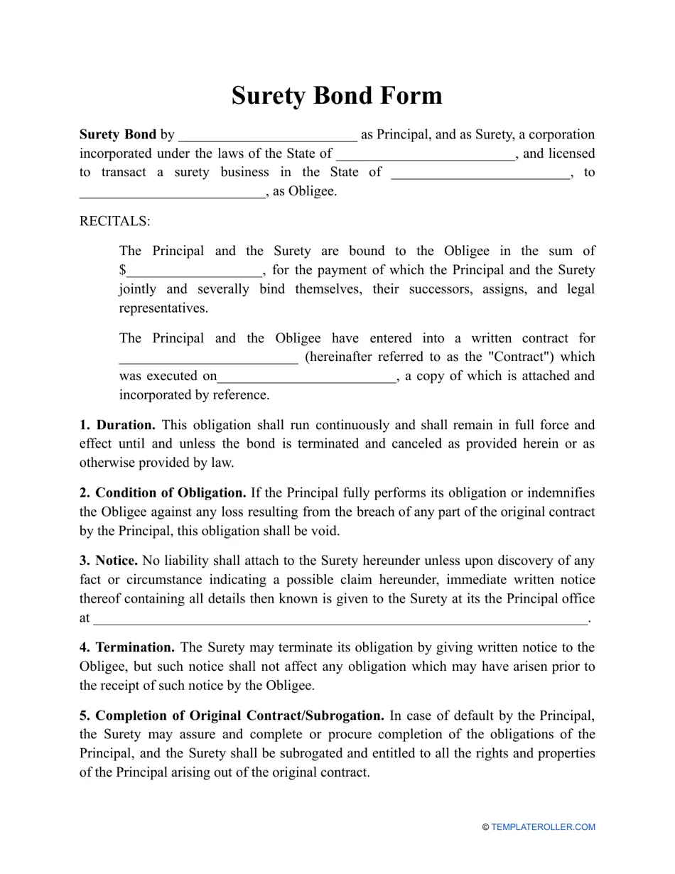 Surety Bond Form Fill Out Sign Online And Download PDF Templateroller