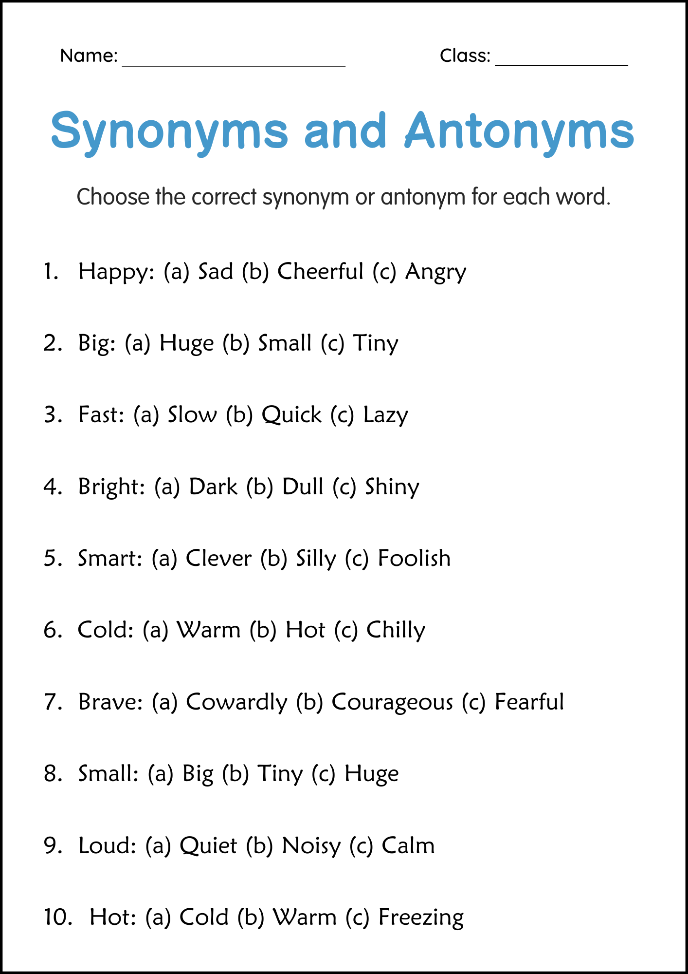 Synonyms And Antonyms Examples Worksheet