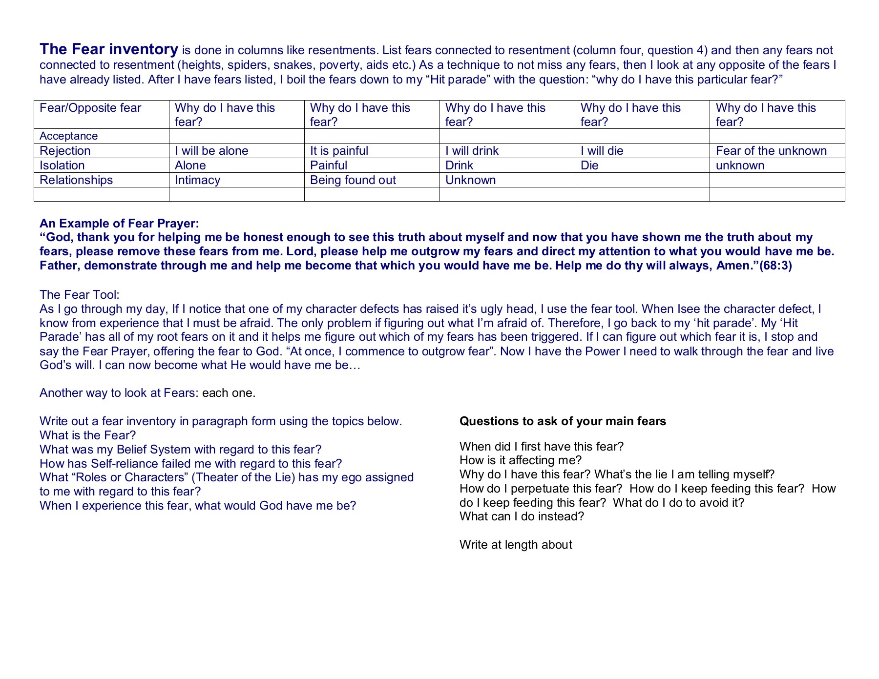 Fear Inventory Worksheet Aa Step 4 Examples