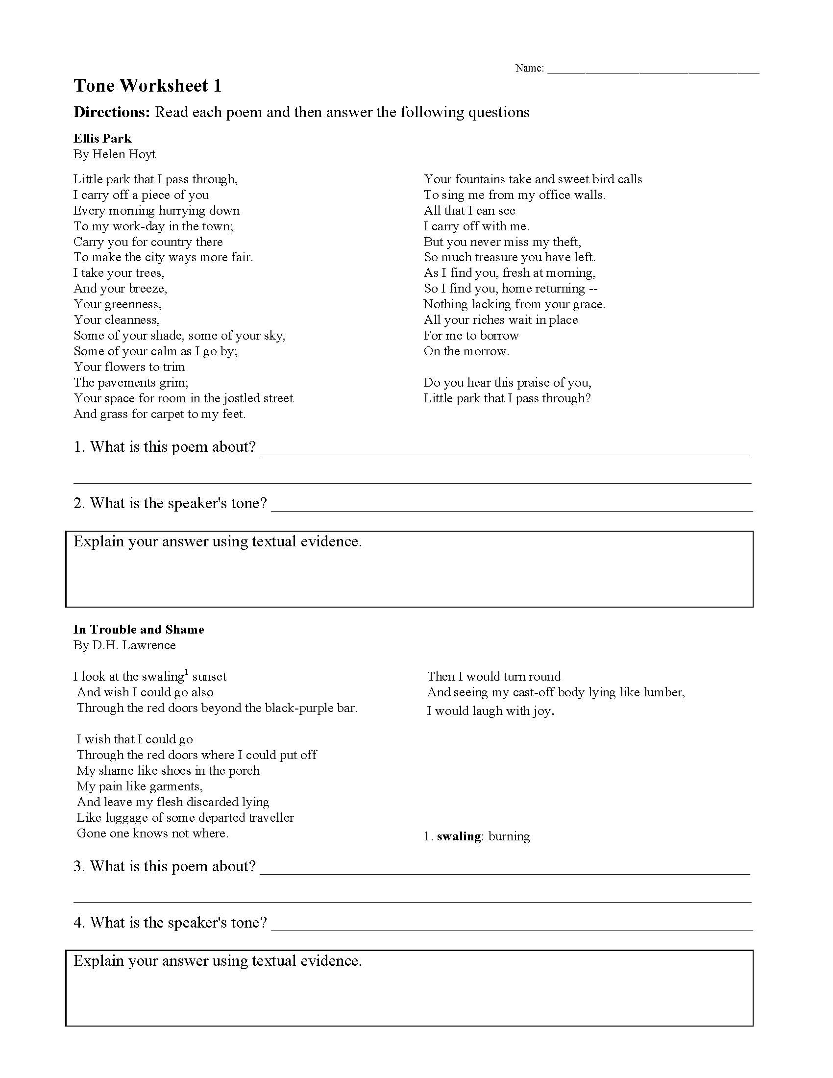 Examples Of Tone In Literature Worksheets