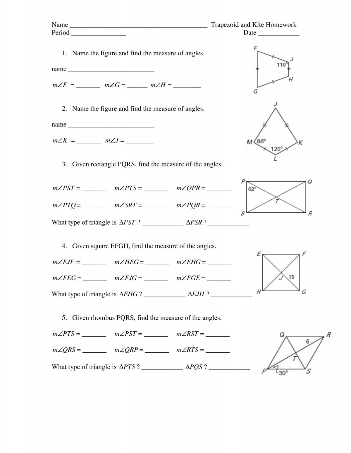 Trapezoid And Kite Examples Worksheet