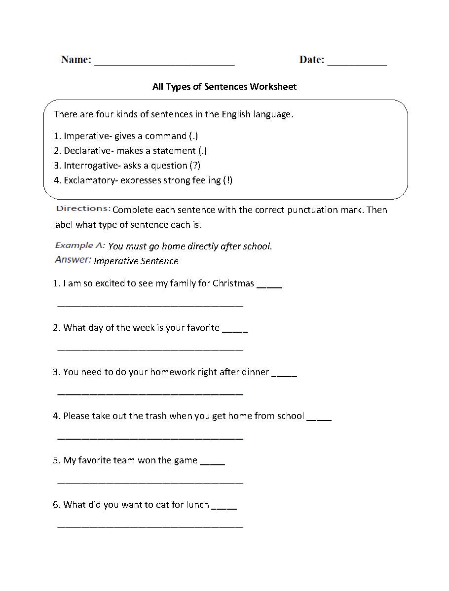 Worksheet Examples For Students For Sentence Variety