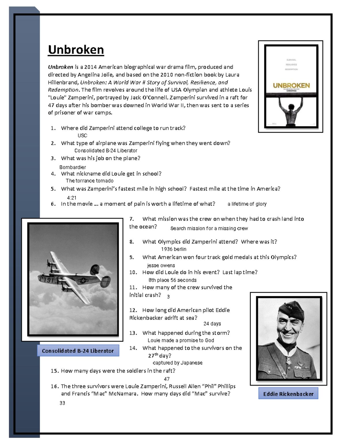Unbroken 2014 Movie Guide Questions For Class Study Studocu
